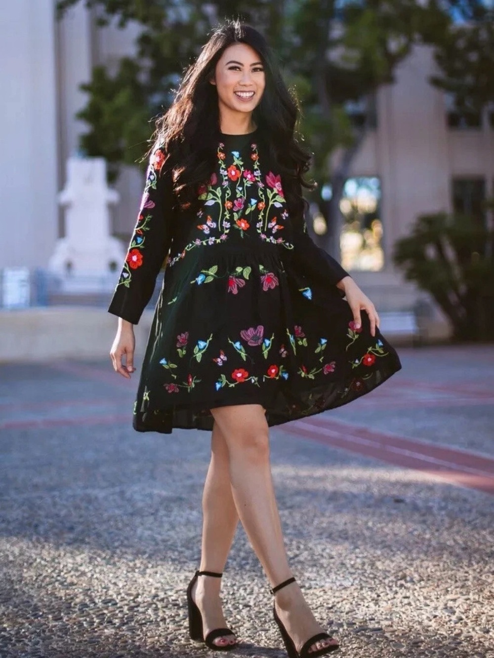 Zara Woman Floral Embroidered Babydoll Swing Dress- Black
